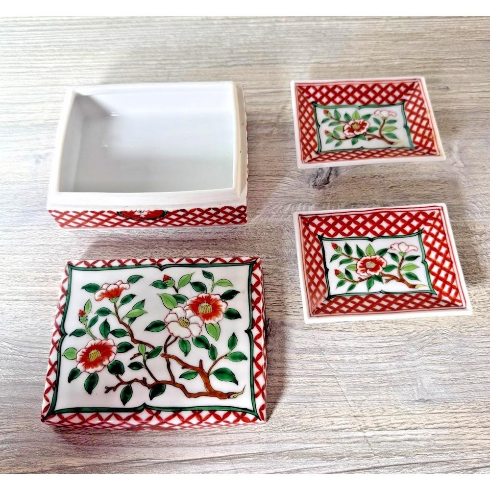 Vtg Hand Painted Porcelain Trinket Box With Lid & 2 Trays /Dishes Occupied Japan